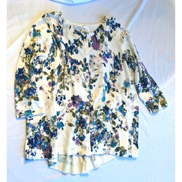 J. Jill Floral Cardigan Cream Purple Button Up 3/4 Sleeve Flared Hem Size S - Picture 3 of 8